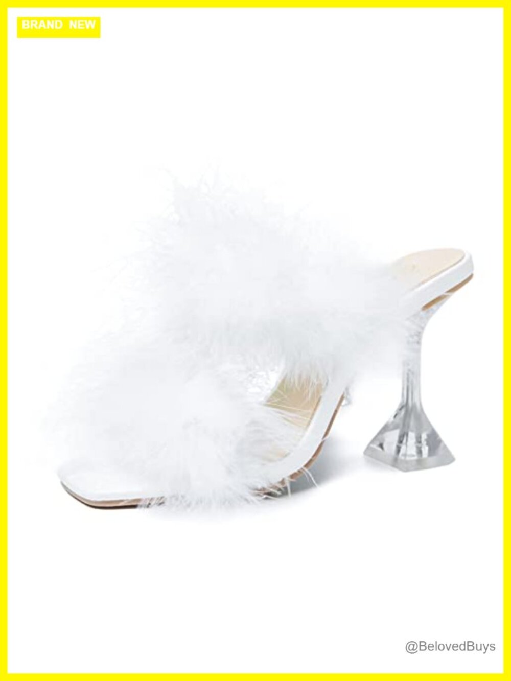 Fuzzy Feather Mule Sandals Square Toe Clear High Heels Party Prom Shoes